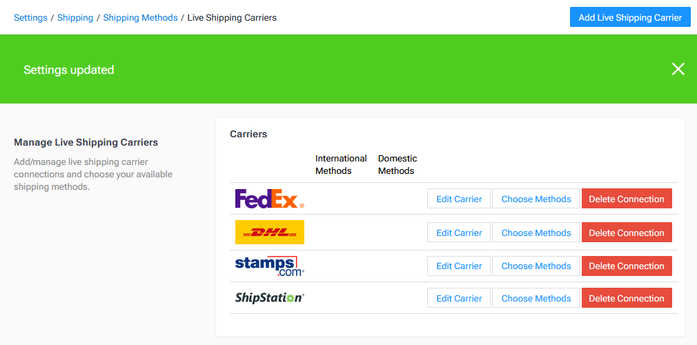 Manage Live Shipping Carriers Page - Carrier Added.png