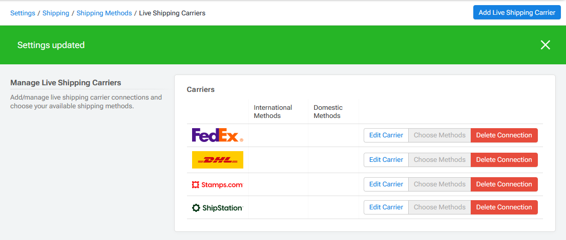 Manage Live Shipping Carriers Page - Carrier Added.png