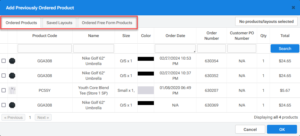 previously ordered product tabs