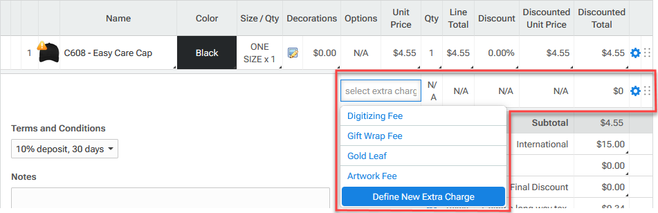 extra charge line item