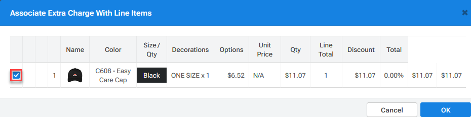 'Associate Extra Charge' checkbox