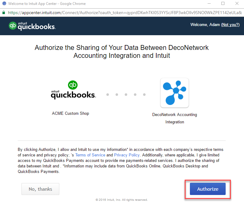 QBO Authorize button