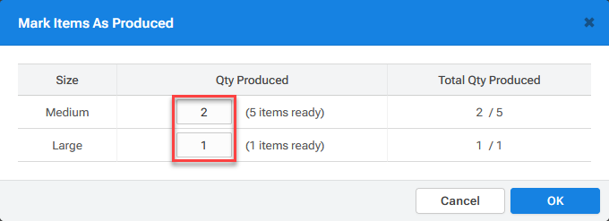 'Mark Items As Produced' popup