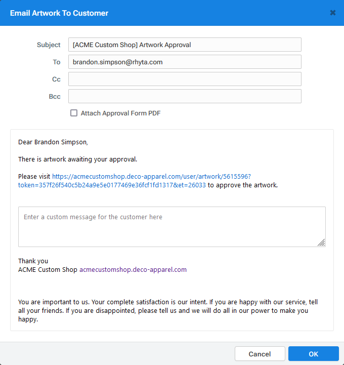 'Email Artwork To Customer' dialog
