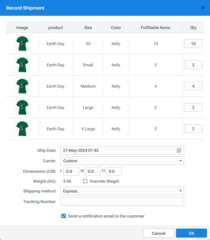 'Record Shipment' popup
