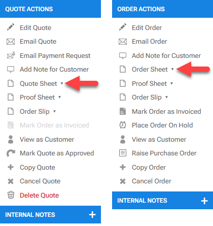 Quote-Order Sheet Menu Items
