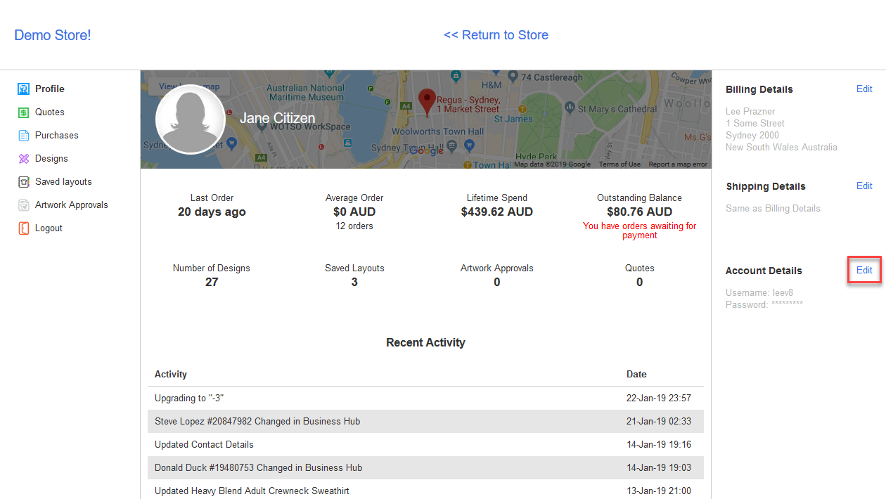 Edit login details Customer view Help