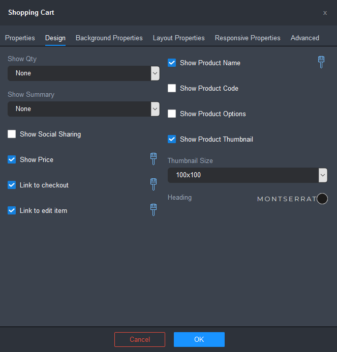Shopping Cart Widget Settings Design tab