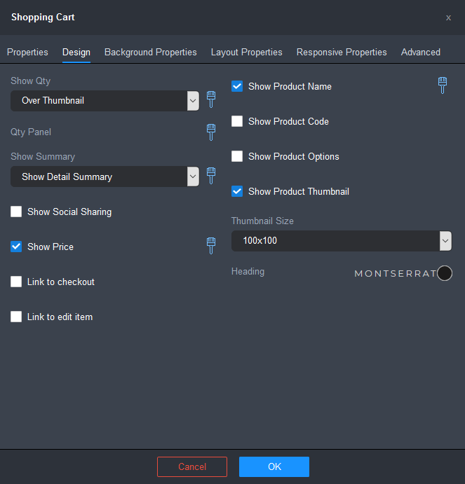 Shopping Cart Widget Settings Popup Design Tab - Confirm Page
