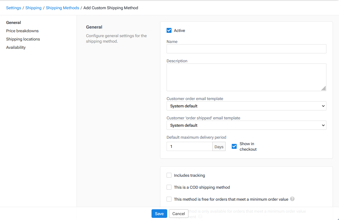 Add Custom Shipping Method form