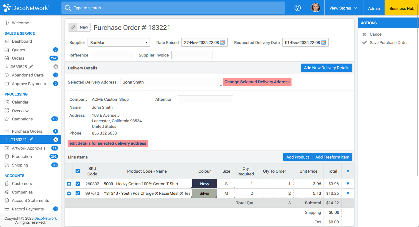 Purchase order delivery address section with clear change and edit address options