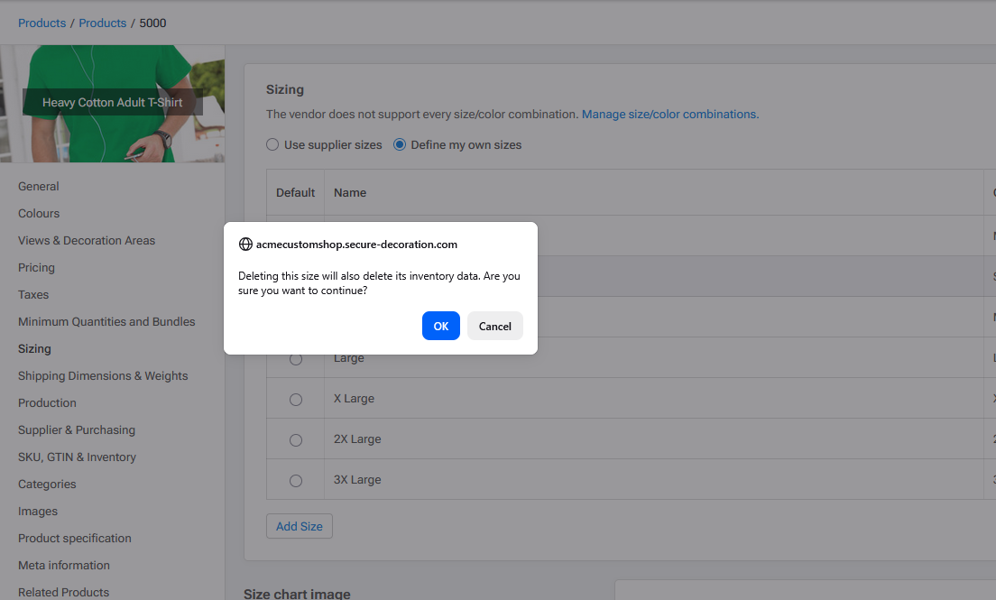 Warning dialog shown when removing a SKU size that has existing inventory