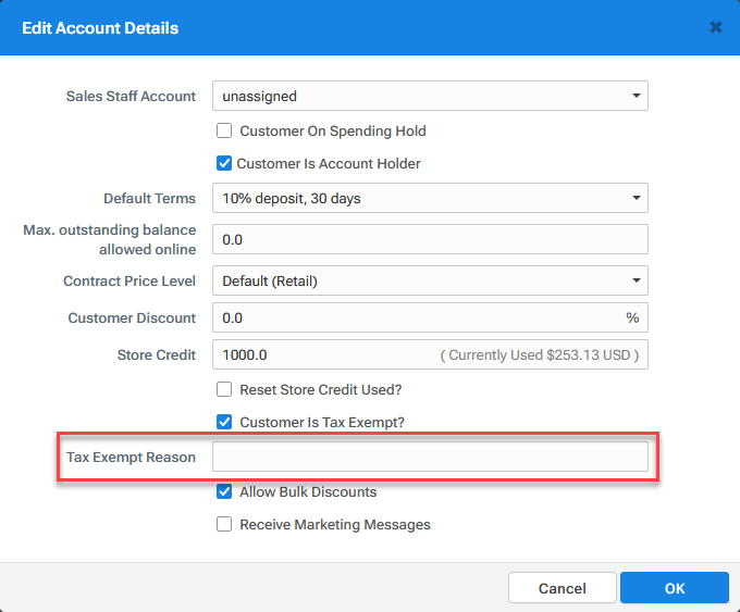 Tax exempt reason for QuickBooks Online accounting sync