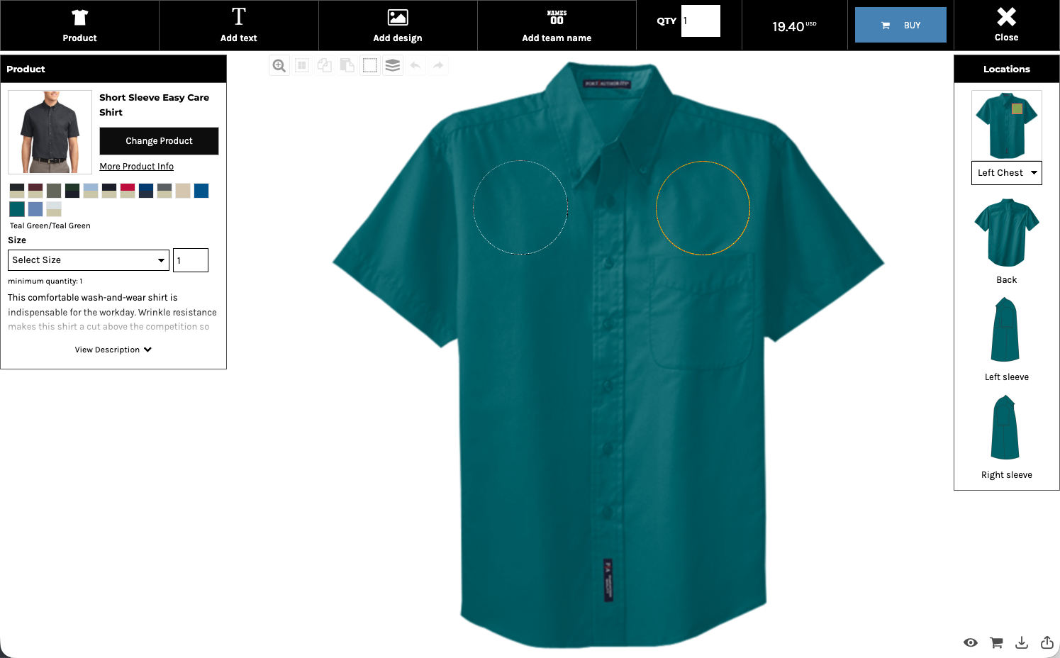 Product in the Designer with visible decoration area outlines for circular and custom shapes