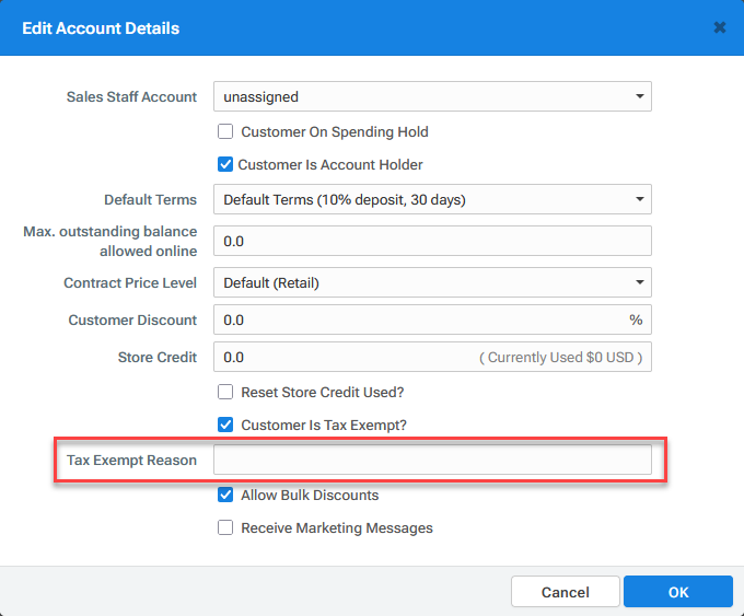 Edit Account Details Popup - Tax Exempt Reason.png