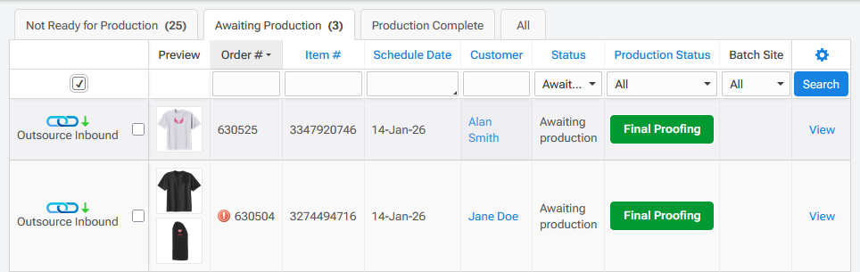Inbound items list in Business Hub production