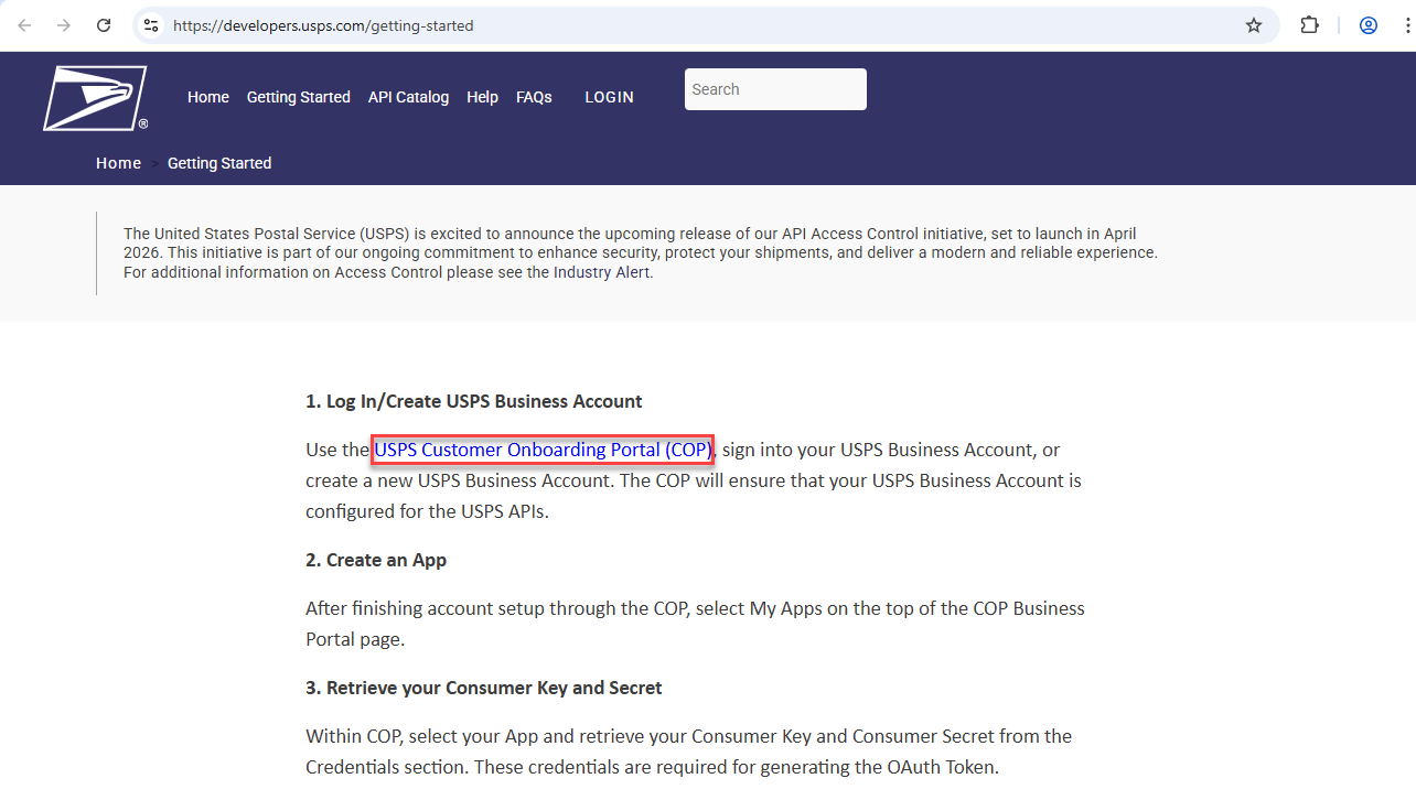 USPS Developer Portal Getting Started Page.png