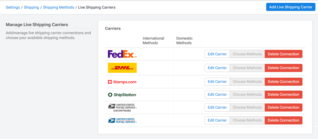 Live Shipping Carriers Page Showing both USPS current and USPS (Legacy) Connection.png
