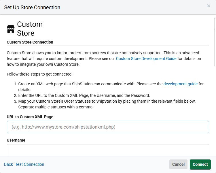 ShipStation custom store setup showing URL, username, password fields, and Test Connection button.