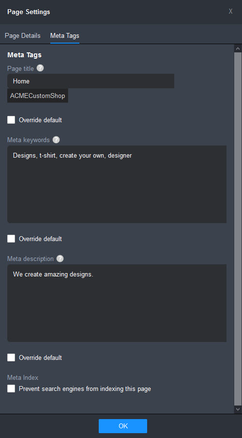 Meta Tags Settings for a website page