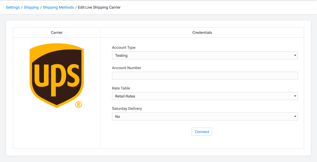UPS Edit Live Shipping Carrier Page