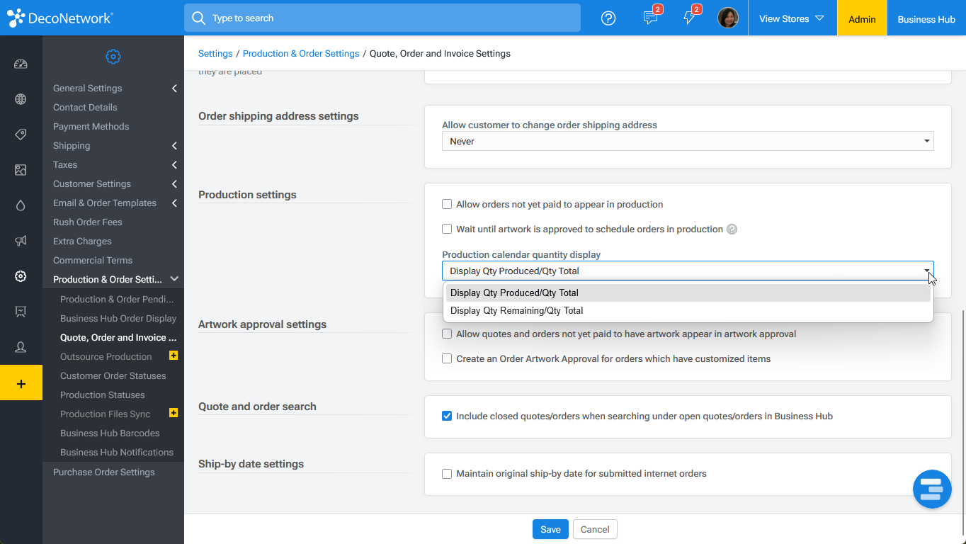 Setting to adjust production calendar quantity display
