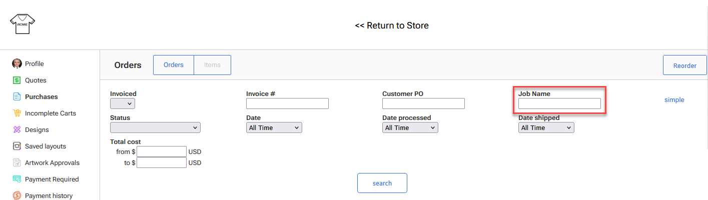 My Account Advanced Search