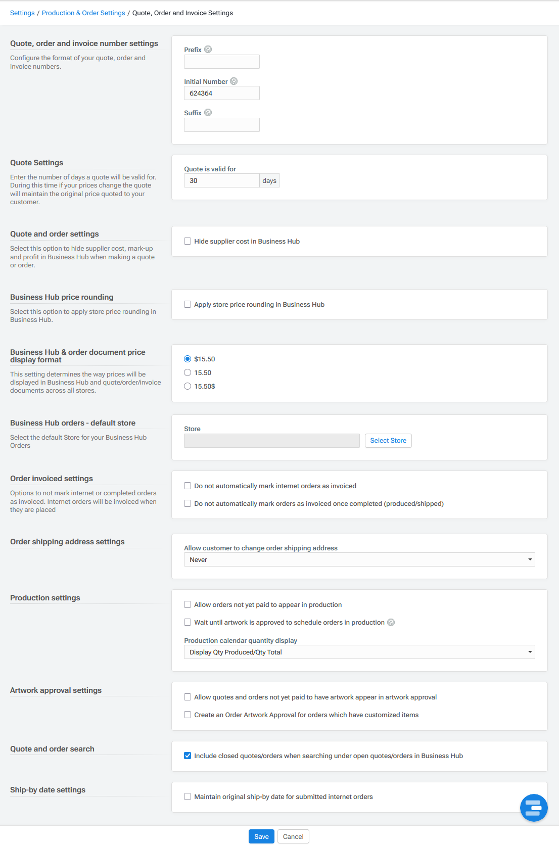 Quote, Order and Invoice Settings