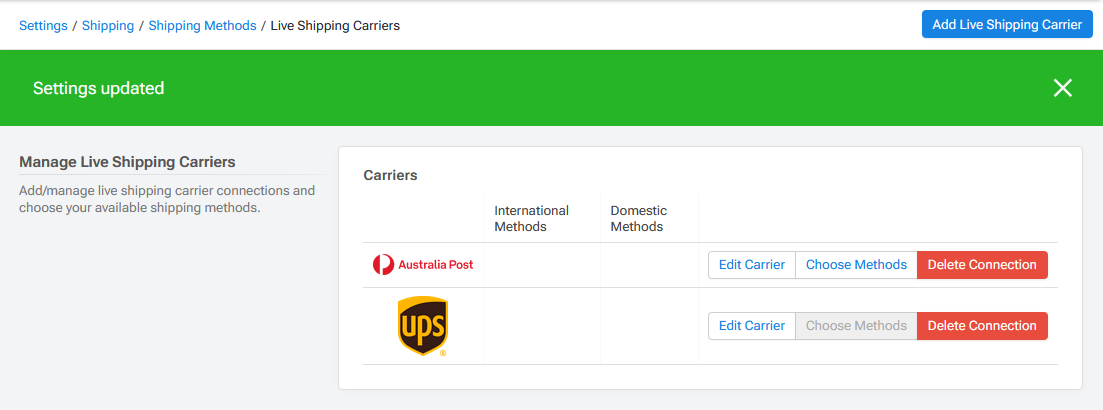 Manage Live Shipping Carriers Page - Australia Post Added