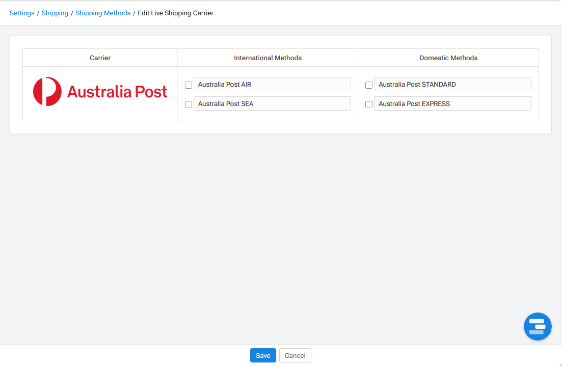Australia Post Edit Live Shipping Carrier Select Methods Page