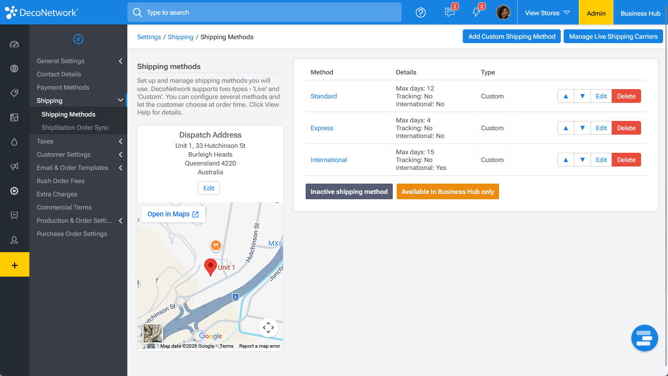 Shipping Methods Page