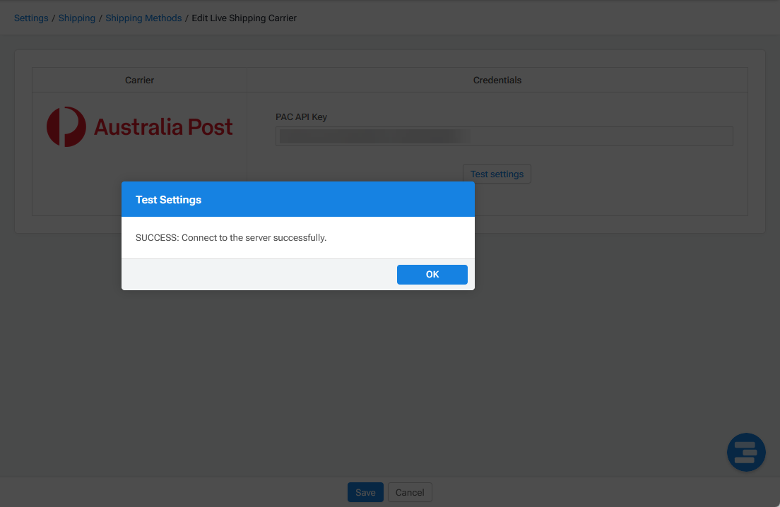 Australia Post Connection Successful Popup