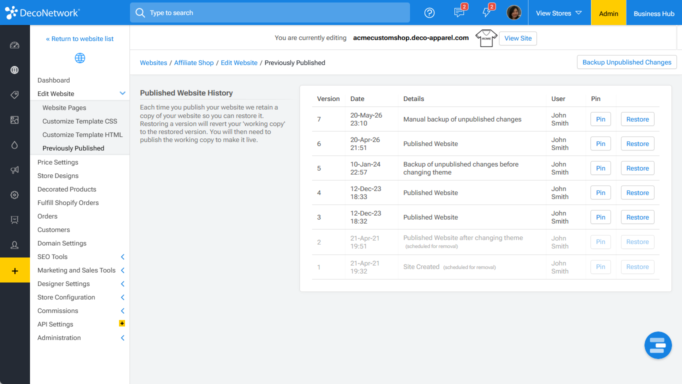 Previously Published website history page