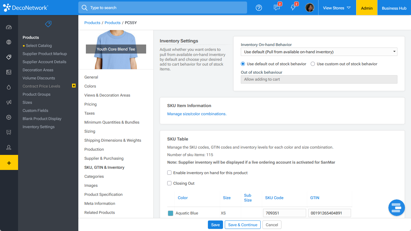 SKU, GTIN & Inventory Page