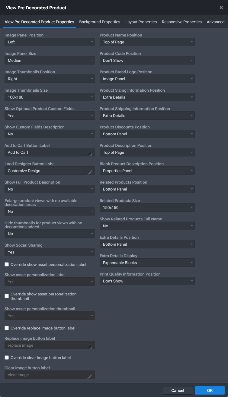View Pre Decorated Product Settings Popup
