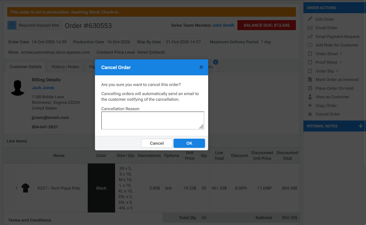 Cancel Order Popup