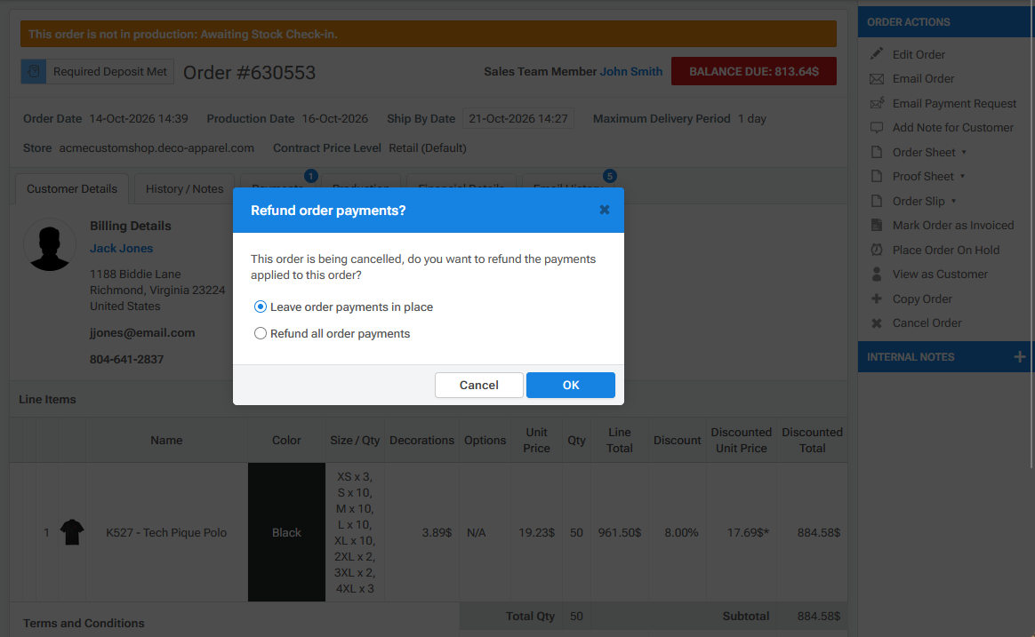 Refund Order Payments Popup