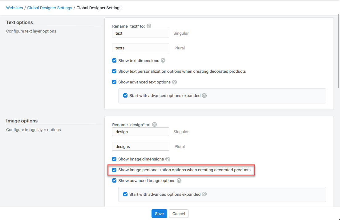 Designer Settings Personalization