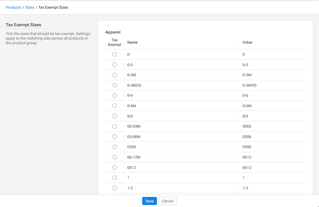 Tax Exempt Catalog Sizes