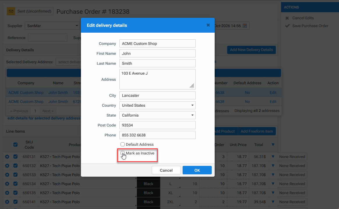 PO Address Popup Inactive