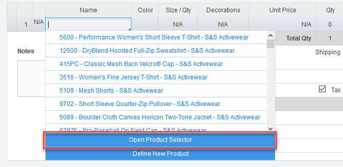 Open Product Selector button