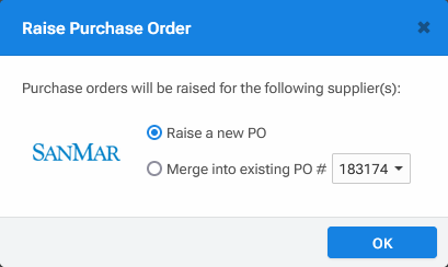 'Raise Purchase Order' popup (merge prompt)