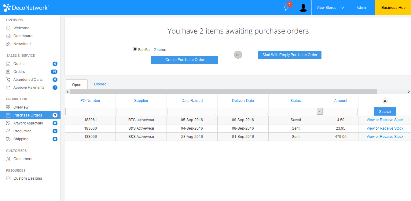 Purchase Orders page